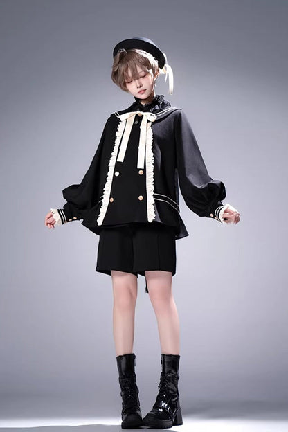 Black [City of Mist] Navy Collar Long Sleeves Gothic College Style Prince Ouji Lolita Shorts Coat Set