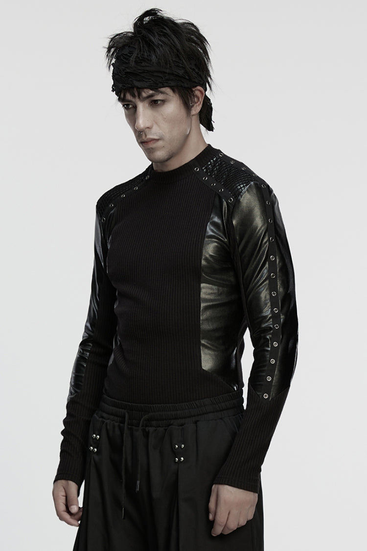 Black Round Collar Long Sleeves Spliced Eyelet Men's Punk T-Shirt