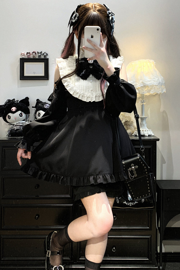 Black/White [Rose Princess] Off Shoulder Long Sleeves Ruffle Bowknot Gothic Jirai Kei Dress