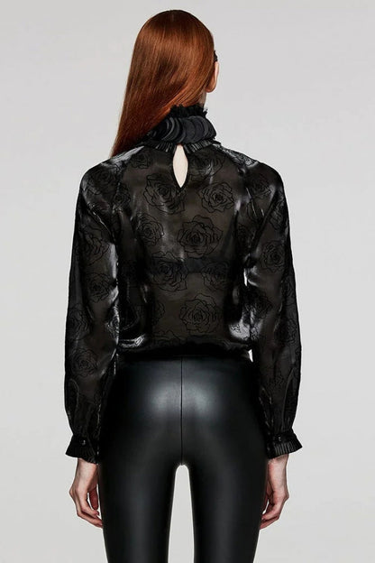 Black Stand Collar Long Lantern Sleeves Rose Print Hook-Button Womens Gothic Blouse