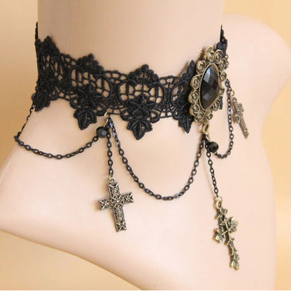 Black Retro Exaggerated Cross Collar Harajuku Style Lace Gothic Lolita Necklace