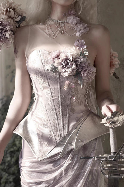 Pink [Moonlight Beast Spirit] Elf-style One-shoulder Printed 3D Floral Asymmetric Fishbone Sweet Corset