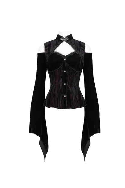 Black/Red Velvet Off-The-Shoulder Cutout Metal Button Flared Sleeve Lace-Up Women's Gothic Shirt
