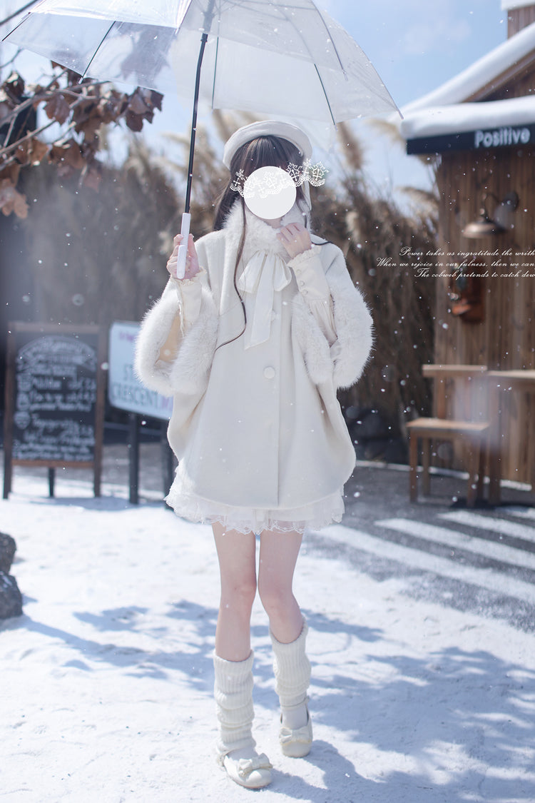 White Long Sleeves Lace Sweet Japanese Lolita Fluffy Cloak Coat