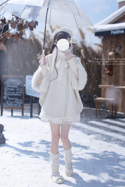 White Long Sleeves Lace Sweet Japanese Lolita Fluffy Cloak Coat