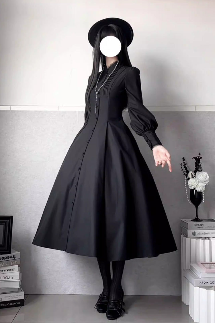 Black [Astrea] Long Puff Sleeves Slim Gothic Elegant Lolita Dress