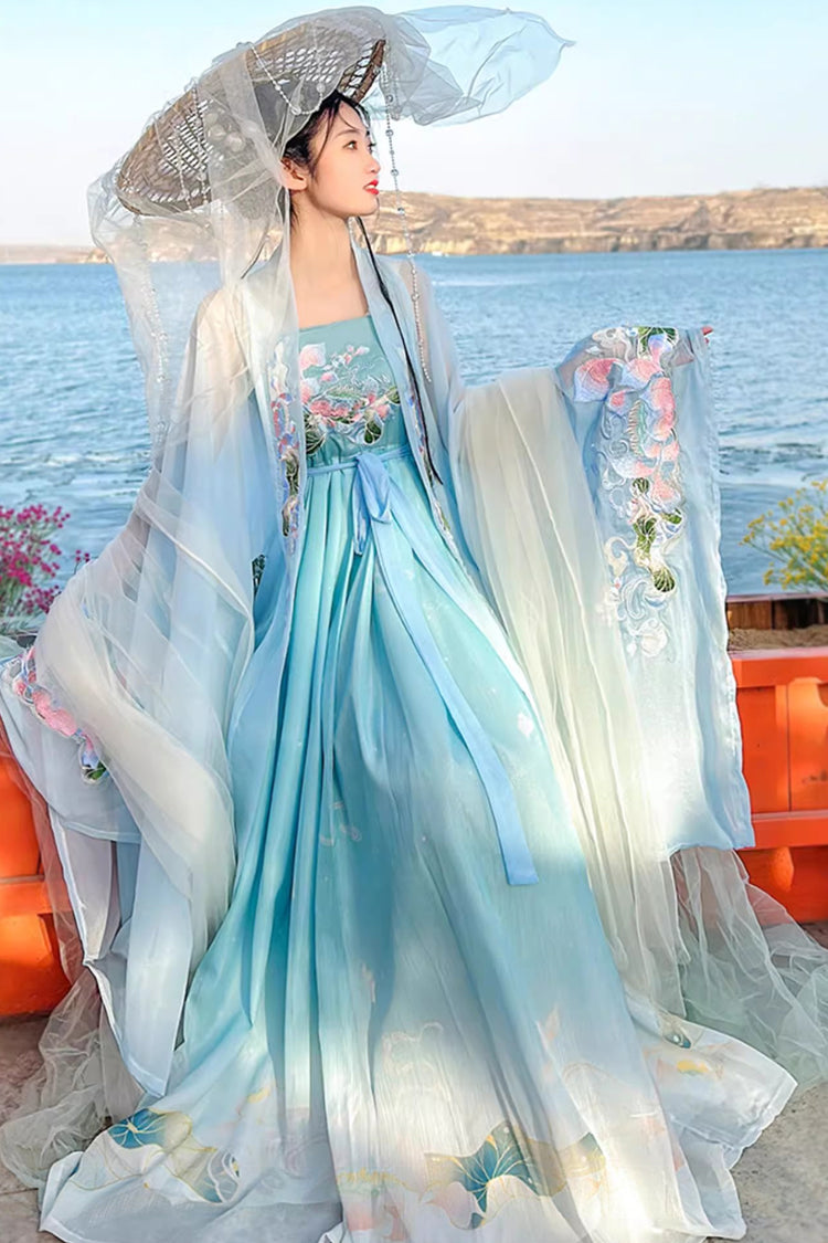Blue Tang Dynasty Long Trumpet Sleeves Print Embroidery Sweet Hanfu Dress