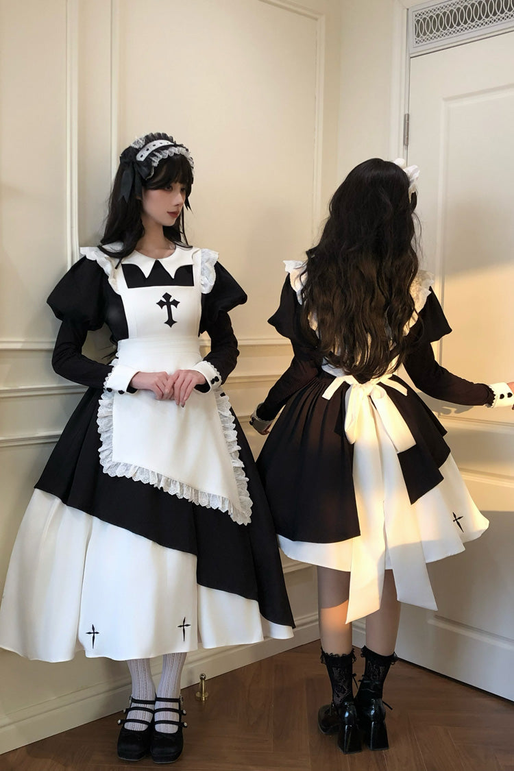 Black/White [Halloween Little Maid] Lapel Collar Long Sleeves Printed Ruffled Asymmetric Nun Gothic Lolita Dress