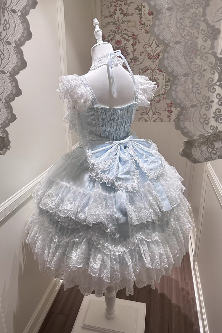 Blue [Sakura Dream Romance] Sleeveless Multi-Layered Ruffled Hanayome Bow Lace Sweet Princess Lolita Jsk Dress