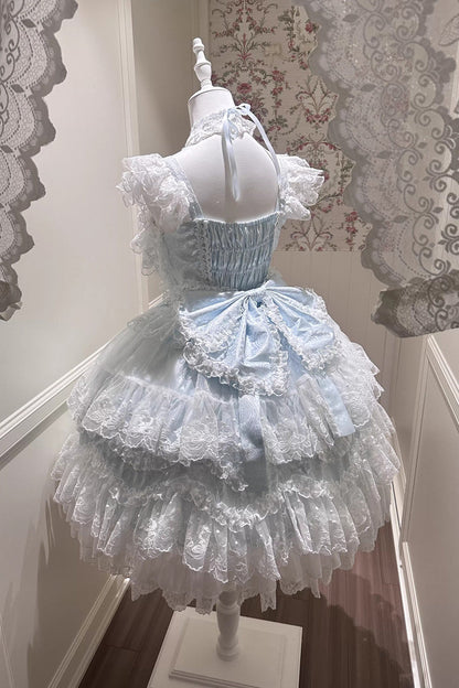 Blue [Sakura Dream Romance] Sleeveless Multi-Layered Ruffled Hanayome Bow Lace Sweet Princess Lolita Jsk Dress