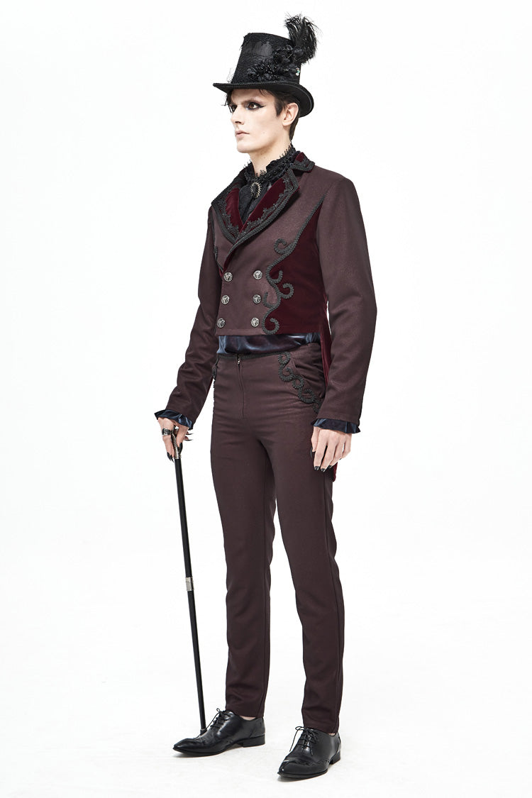 Red Front Floral Webbing Metal Retro Button Weft Velveteen Men's Gothic Tailcoat