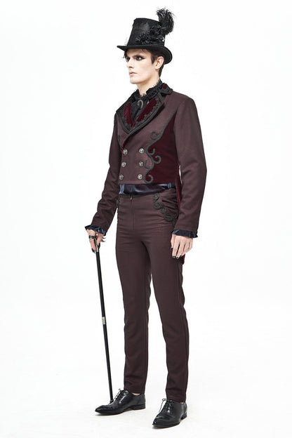 Red Front Floral Webbing Metal Retro Button Weft Velveteen Men's Gothic Tailcoat