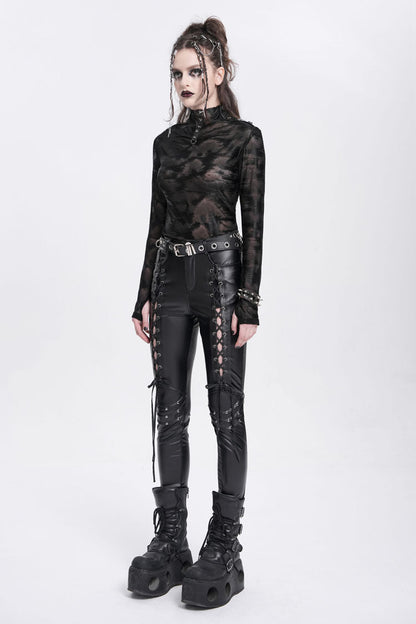 Black Stand Collar Sheer Studded Women's Punk Blouse