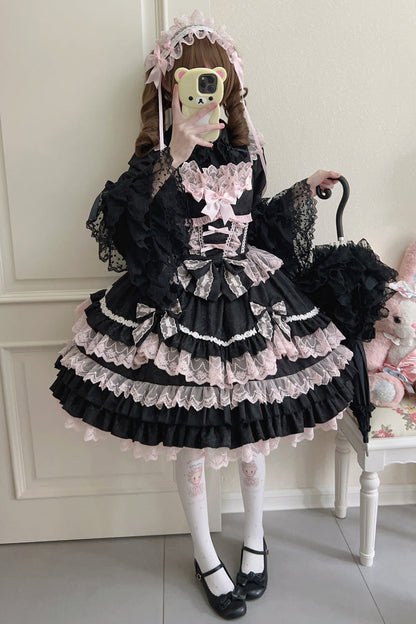 Black/Pink Multi-Layered Ruffle Bowknot Stitching Lace Sweet Lolita Jsk Dress