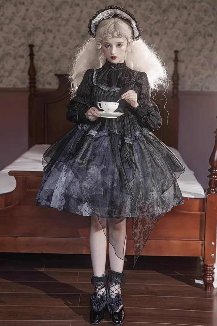 Black Stand Collar High Waisted Dead Leaves Print Tulle Gothic Princess Lolita Jsk Dress