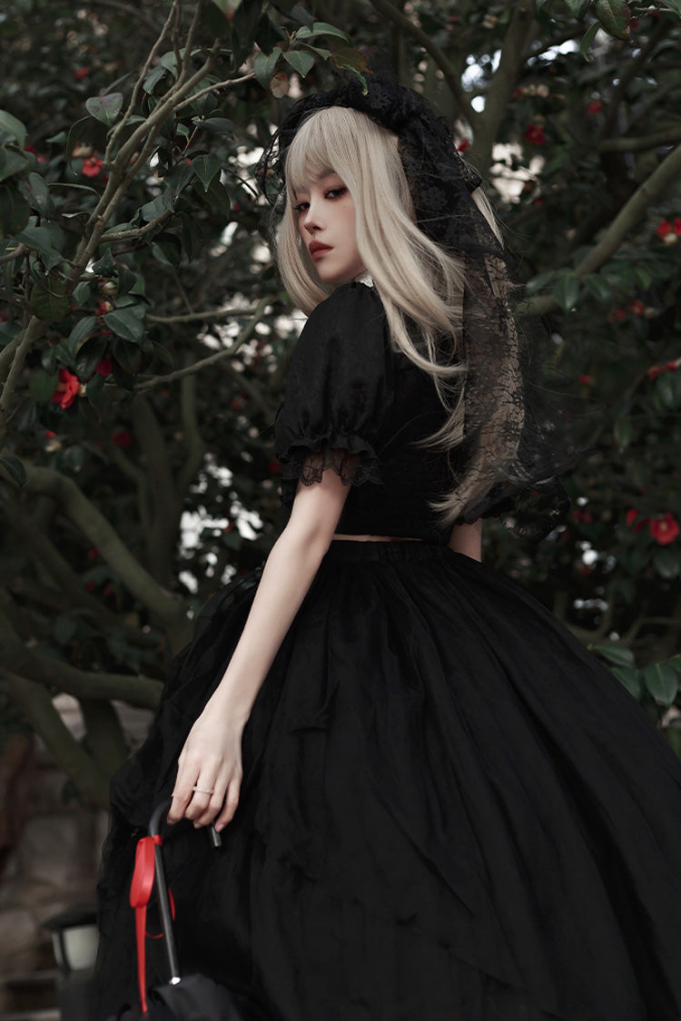Black Rose Embroidered Cutout Top Irregular Short Sleeves Gothic Lolita Dress Set