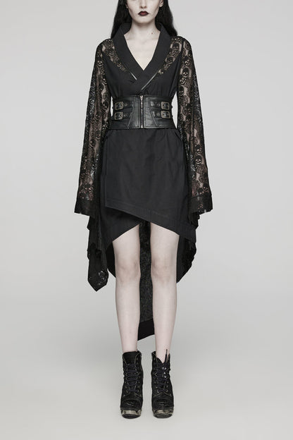 Black Irregular Hem Skull Print Hollow Stitching Womens Steampunk Kimono Dress