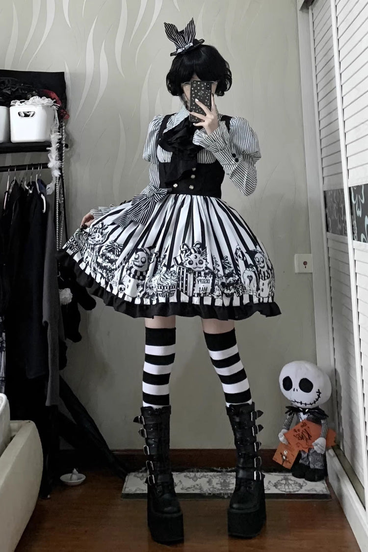 Black/White [A Weird Christmas] Sleeveless Printed Ruffled Gothic Lolita Bust-Support JSK Dress