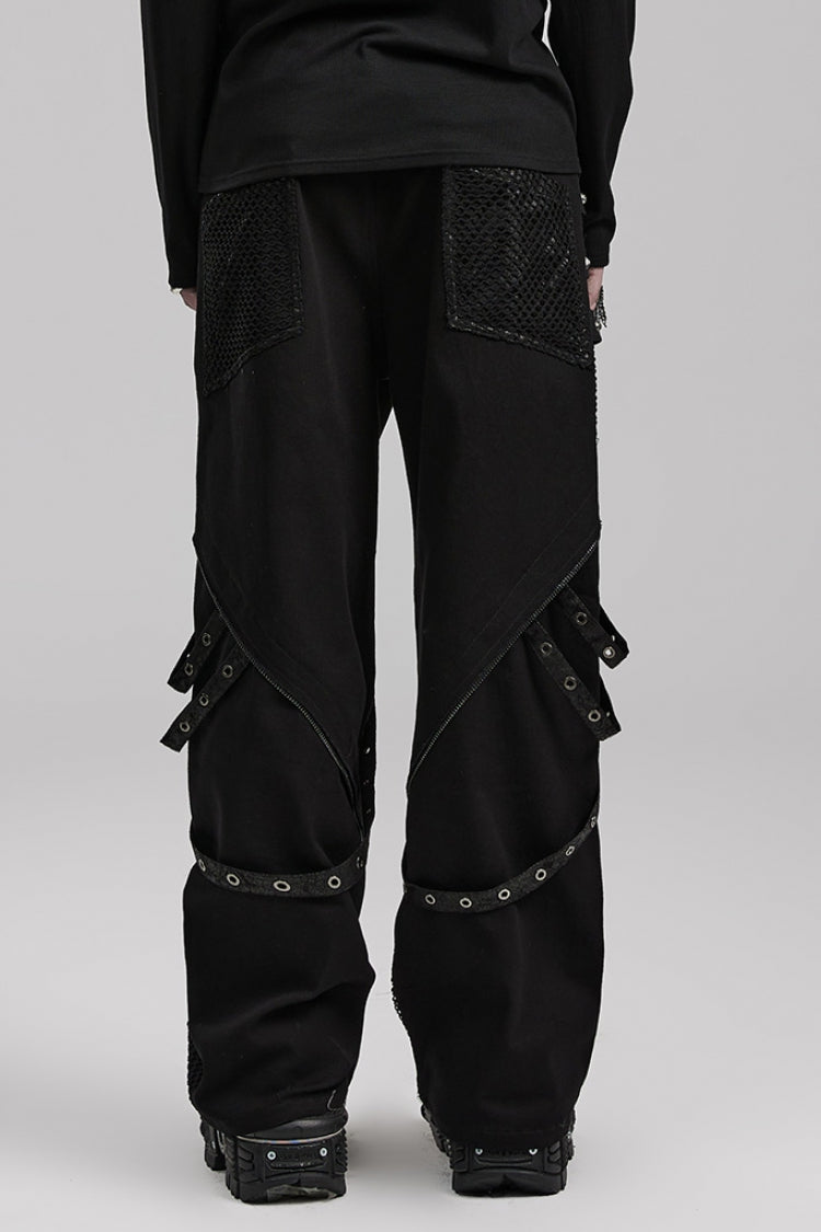 Cracked Leather Stitching Metal Rivet Decoration Mesh Men's Steampunk Pants 2 Colors