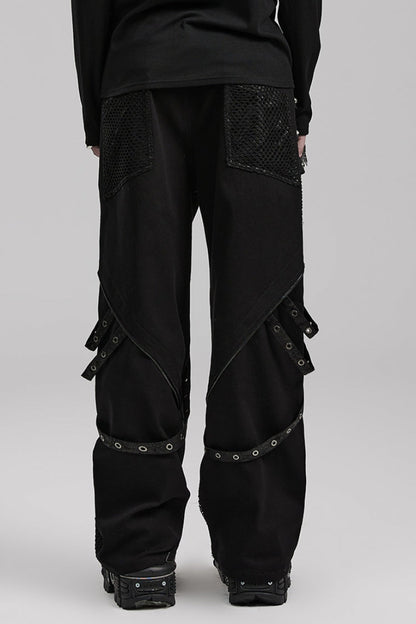 Cracked Leather Stitching Metal Rivet Decoration Mesh Men's Steampunk Pants 2 Colors