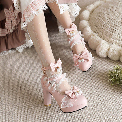 Sweet Ruffled Bow Lace Pearl-Decorated Lolita High Heels 6 Colors