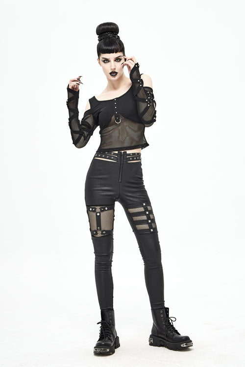 Black Sexy Mesh Spliced Off The Shoulder Long Sleeves Women Punk T-Shirt
