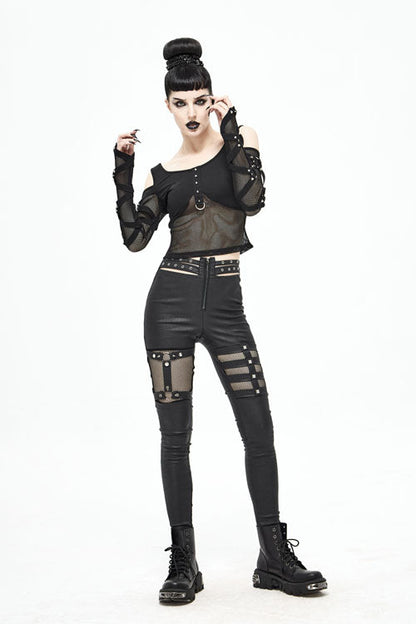 Black Sexy Mesh Spliced Off The Shoulder Long Sleeves Women Punk T-Shirt