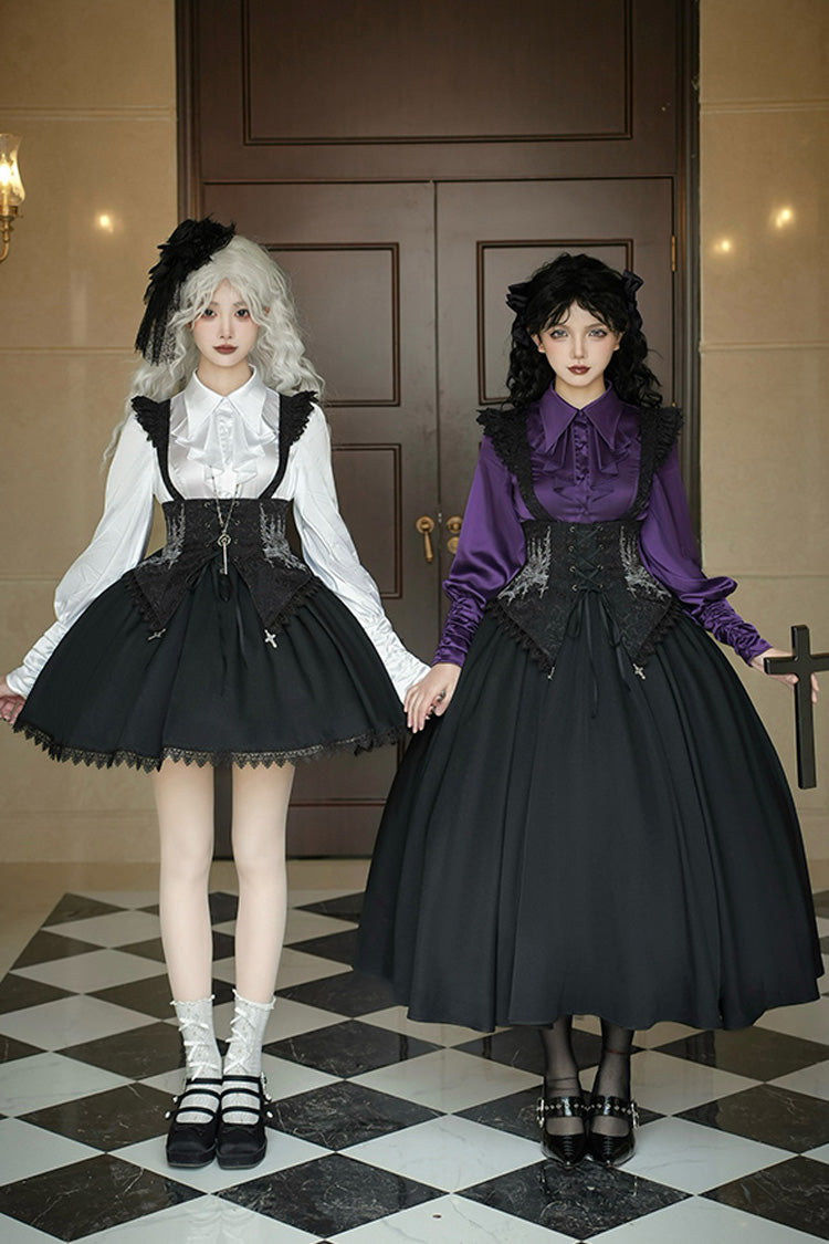 Black [Night of Thorns] Sleeveless Embroidery Lace-Up Gothic Lolita Strap Breast Support Dress 2 Versions