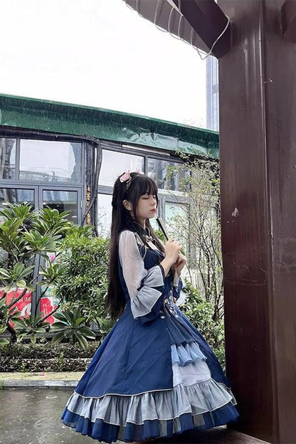 Blue Multi-layer Print Ruffle Classic Plus Size Chinese Style Princess Lolita Jsk Dress