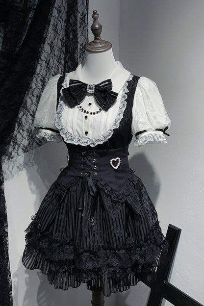 Black/White [Dream Night Song] Short Sleeves Stripe Print Bowknot Lace Gothic Jirai Kei Dress