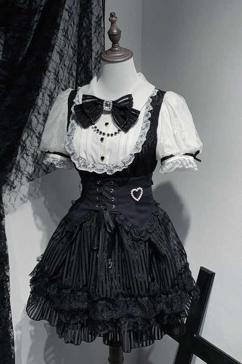 Black/White [Dream Night Song] Short Sleeves Stripe Print Bowknot Lace Gothic Jirai Kei Dress