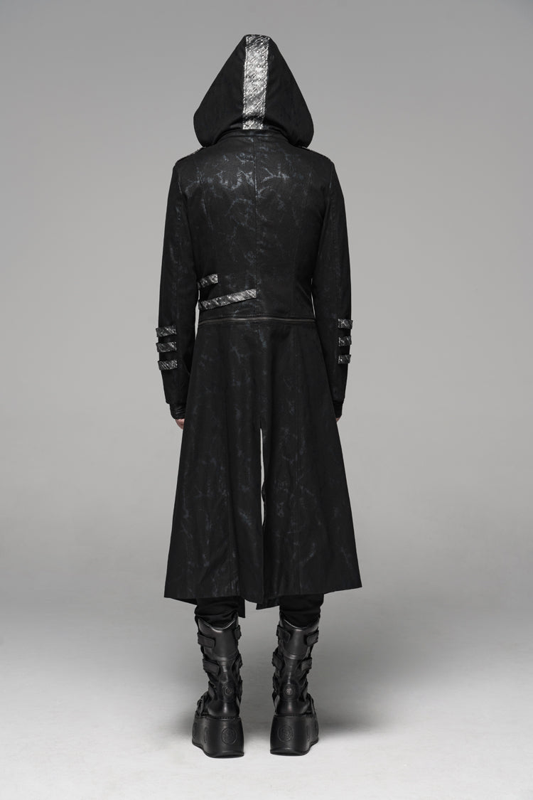 Black Stand Collar Stretch Twill Fabric Hooded Men's Gothic Long Jacket