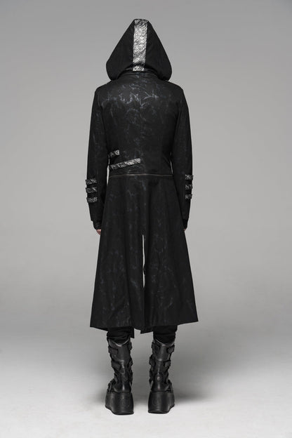 Black Stand Collar Stretch Twill Fabric Hooded Men's Gothic Long Jacket