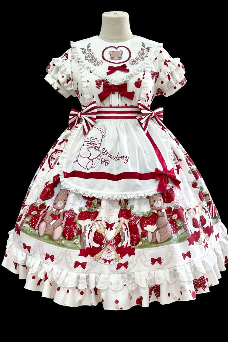 Red/White Short Sleeves Strawberry Bear Print Ruffle Bowknot Sweet Plus Size Lolita Dress
