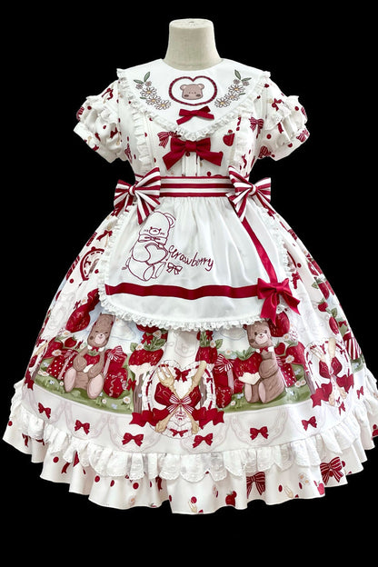 Red/White Short Sleeves Strawberry Bear Print Ruffle Bowknot Sweet Plus Size Lolita Dress