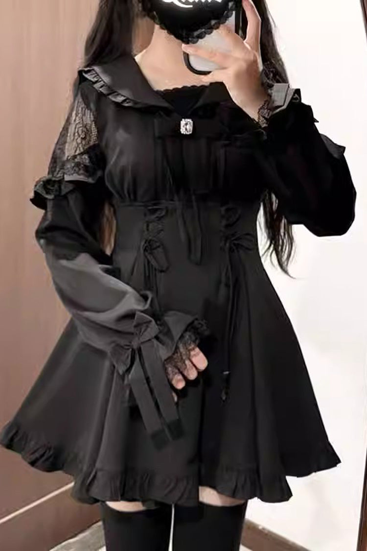 Black [Truffle Forest] Long Sleeves Ruffle Stitching Lace-Up Jirai Kei Japanese Dress Shorts Set