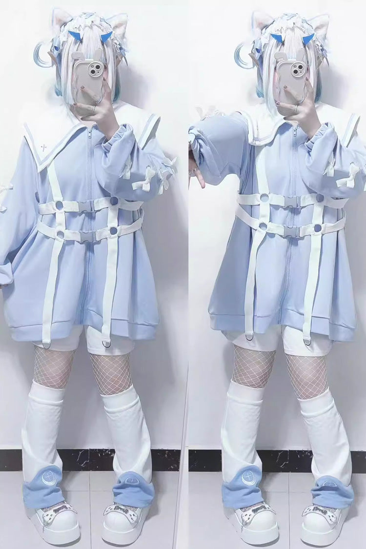 Sailor Collar Long Sleeves Cross Print Bowknot Sweet Jirai Kei Coat 3 Colors