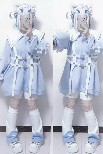 Sailor Collar Long Sleeves Cross Print Bowknot Sweet Jirai Kei Coat 3 Colors
