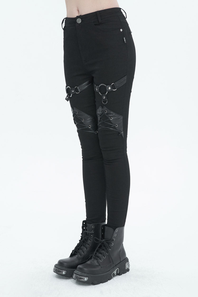 Black Slightly Elastic Twill Pu Tie Rope Decoration Women's Punk Trousers