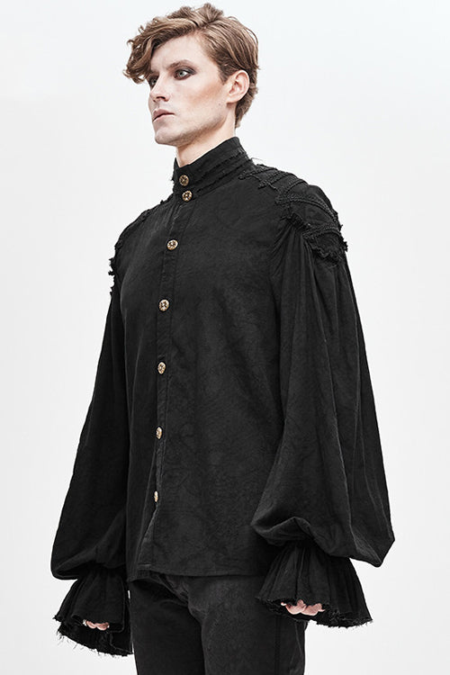 Black Straight Collar Puff Sleeve  Jacquard Mens Punk Blouse