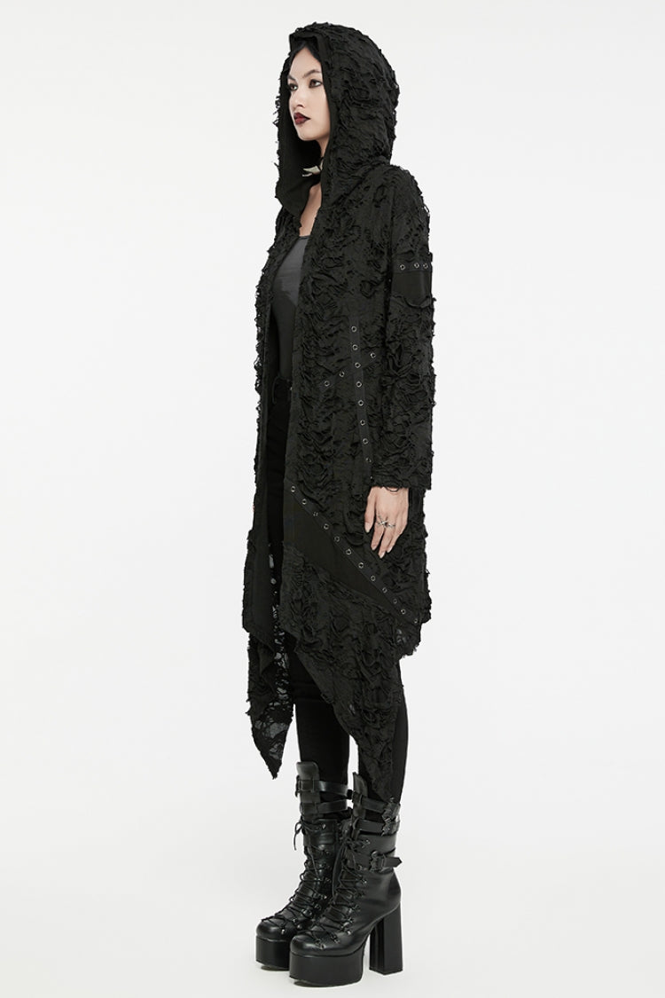 Black Ruffle Hooded Ripped Asymmetric Women's Punk Long Coat