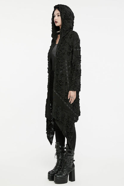 Black Ruffle Hooded Ripped Asymmetric Women's Punk Long Coat