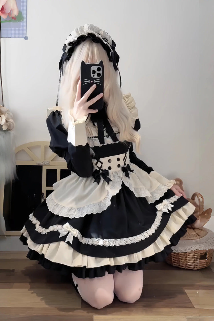 Black/White Short Sleeves Triple-Layered Ruffle Bowknot Lace Sweet Plus Size Maid Lolita Dress Set