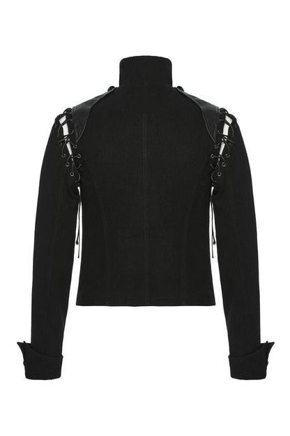 Black/Silver Stand Collar Long Sleeves Lace-Up Buttons Men's Punk Jacket