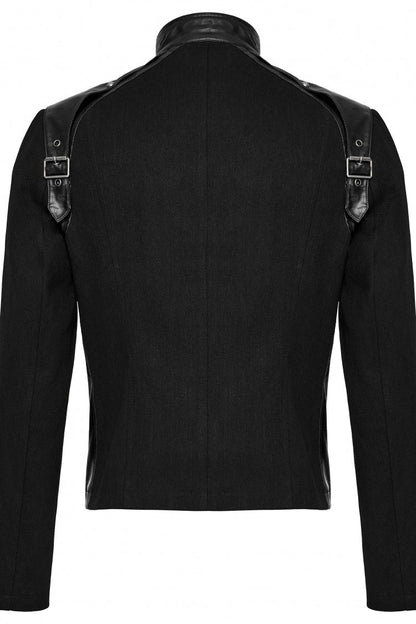 Black Round Collar Multi-Buckles Straps Faux Leather Men's Punk Jacket