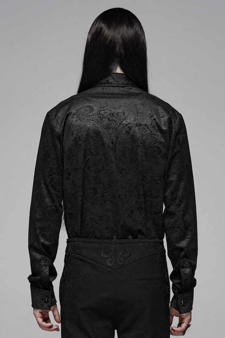 Black Stand Up Collar Long Sleeve Front Gemstone Button Print Men's Gothic Shirt