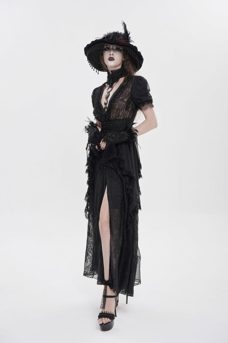Black V Collar Short Sleeves Hanayome Lace Women's Gothic Wedding Dress
