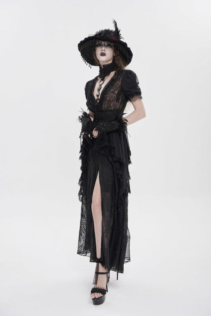 Black V Collar Short Sleeves Hanayome Lace Women's Gothic Wedding Dress