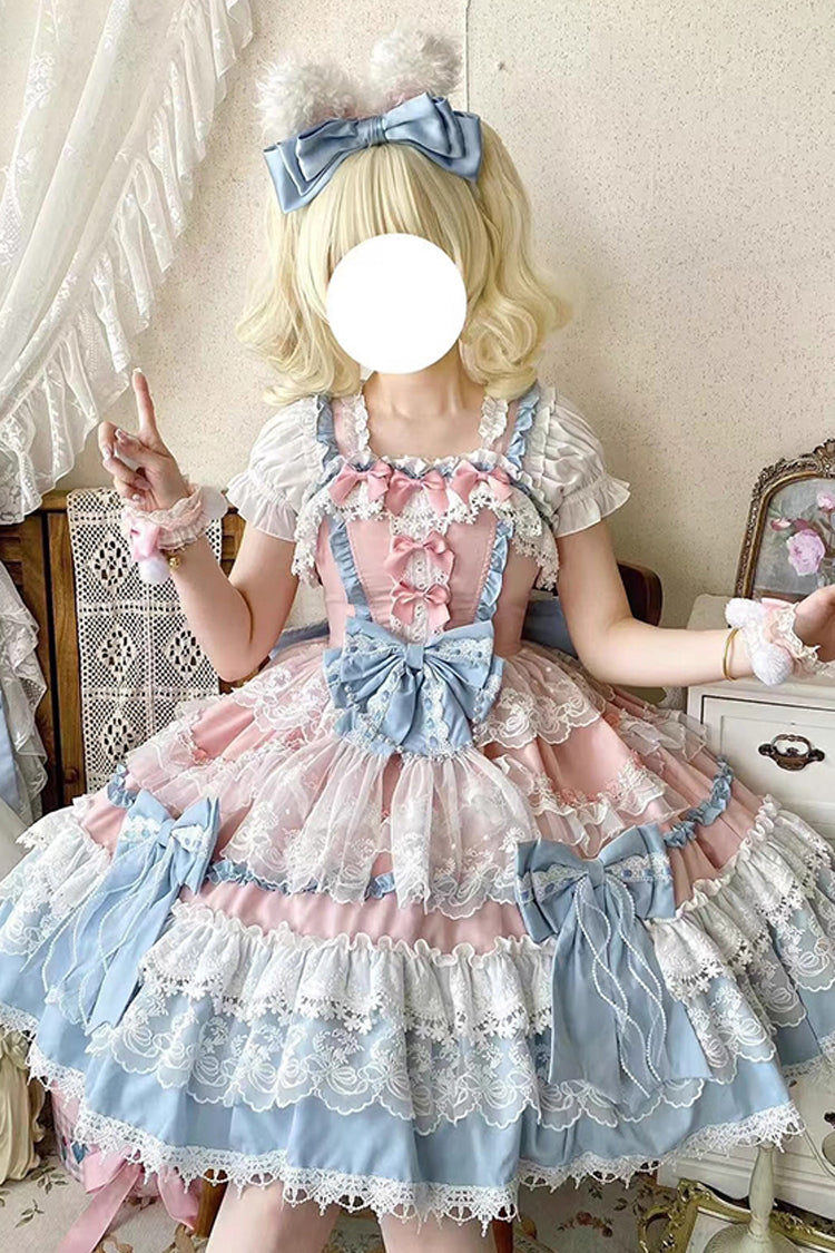 Blue Sleeveless Multi-Layered Ruffle Bowknot Lace Sweet Gorgeous Lolita Doll Jsk Dress