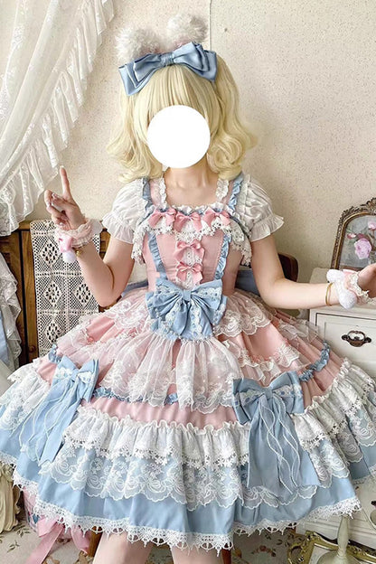 Blue Sleeveless Multi-Layered Ruffle Bowknot Lace Sweet Gorgeous Lolita Doll Jsk Dress